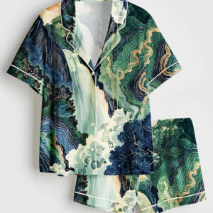 Women's Hokusai Ukiyo-e Japanese Waterfall Short Sleeve Satin Pajama Set