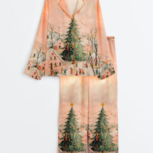 Women's Holiday Christmas Tree Winter Snow Festive Village Print Long Sleeve Satin Pajamas Set