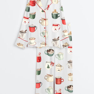 Women's Holiday Drinks Christmas Bar Cart Cozy Winter Coffee Long Sleeve Satin Pajamas Set