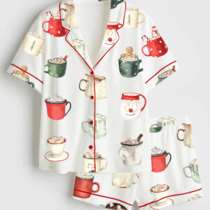 Womenâ€™s Holiday Drinks Christmas Bar Cart Cozy Winter Coffee Short Sleeve Satin Pajama Set