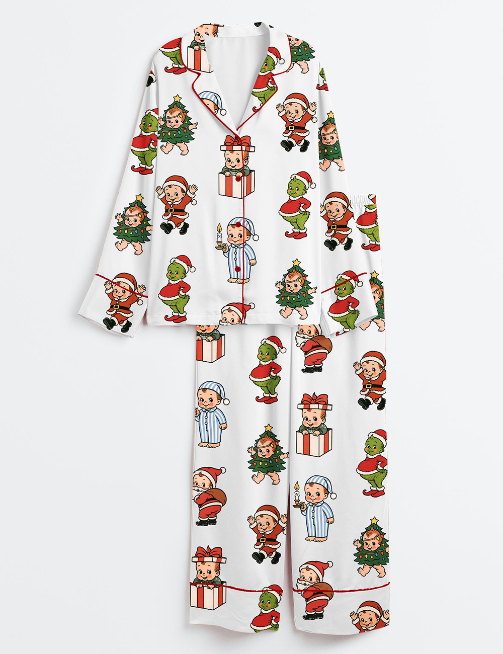 Womenâ€™s Holiday Kewpie Christmas Santa And Grinch Kewpie Long Sleeve Satin Pajama Set