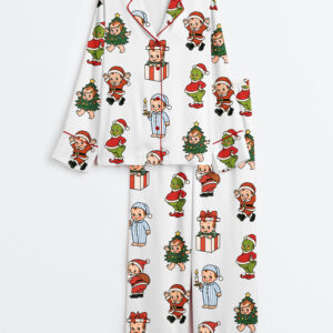Women's Holiday Kewpie Christmas Santa And Grinch Kewpie Long Sleeve Satin Pajamas Set