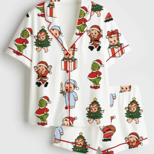 Womenâ€™s Holiday Kewpie Christmas Santa And Grinch Kewpie Short Sleeve Satin Pajama Set