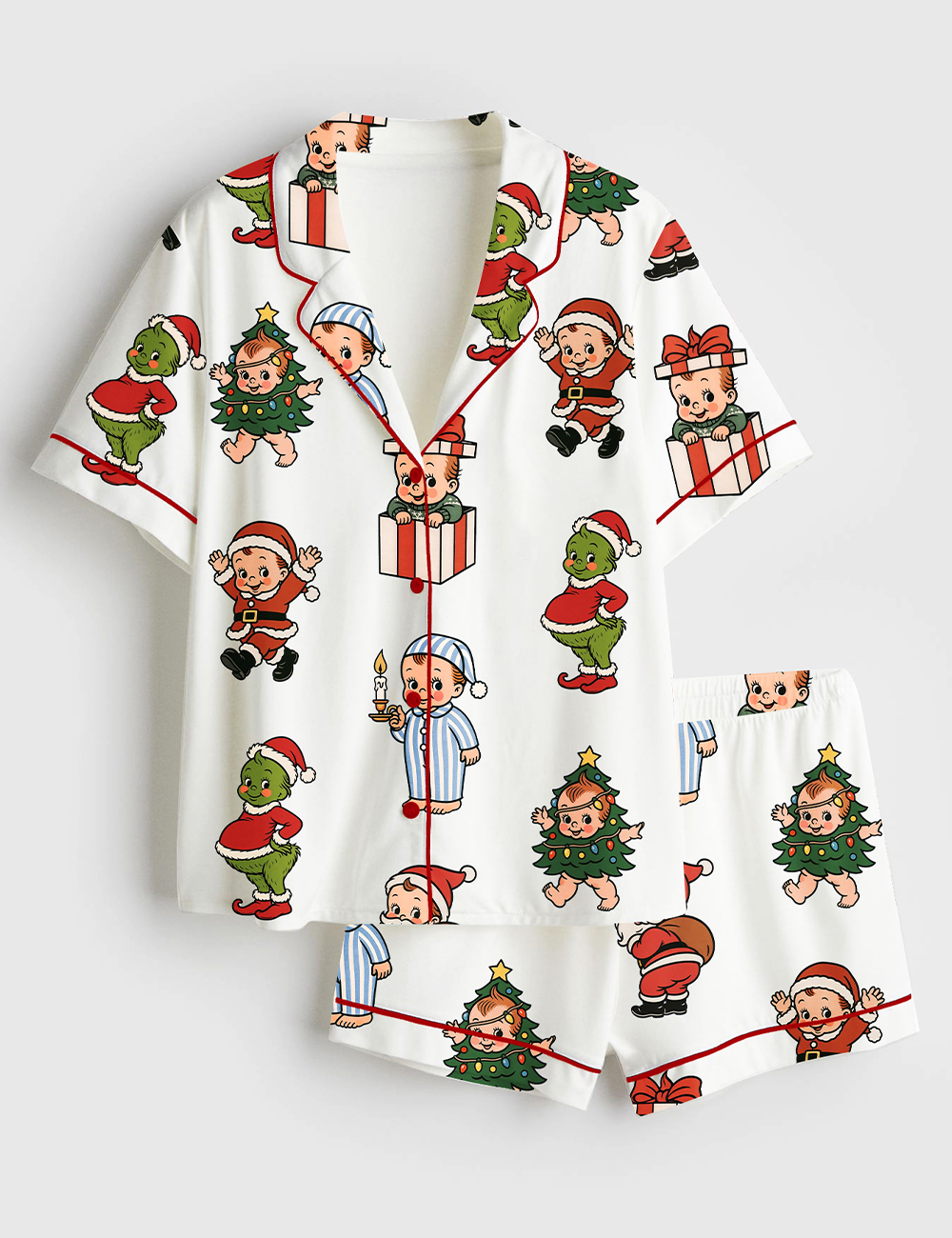 Womenâ€™s Holiday Kewpie Christmas Santa And Grinch Kewpie Short Sleeve Satin Pajama Set