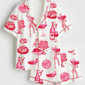 Womenâ€™s Homebody Cocktail Girl Social Club Retro Disco Ball Margarita Print Short Sleeve Satin Pajama Set