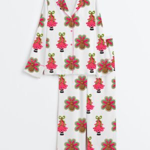 Women's Hot Pink Christmas Tree Turkey Thanksgiving Holiday Long Sleeve Satin Pajama Set