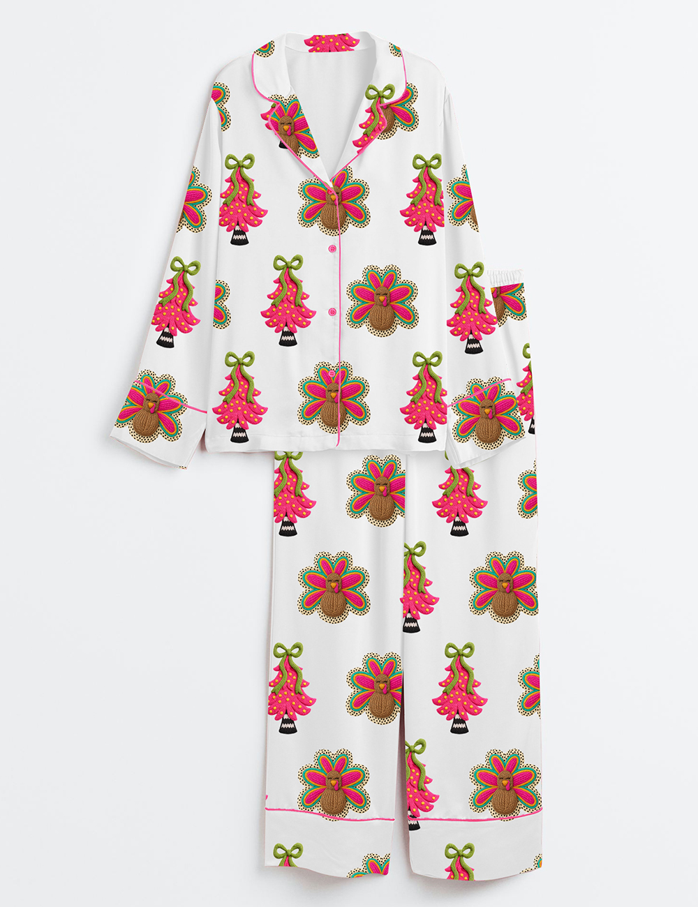 Womenâ€™s Hot Pink Christmas Tree Turkey Thanksgiving Holiday Long Sleeve Satin Pajama Set