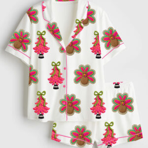 Womenâ€™s Hot Pink Christmas Tree Turkey Thanksgiving Holiday Short Sleeve Satin Pajama Set