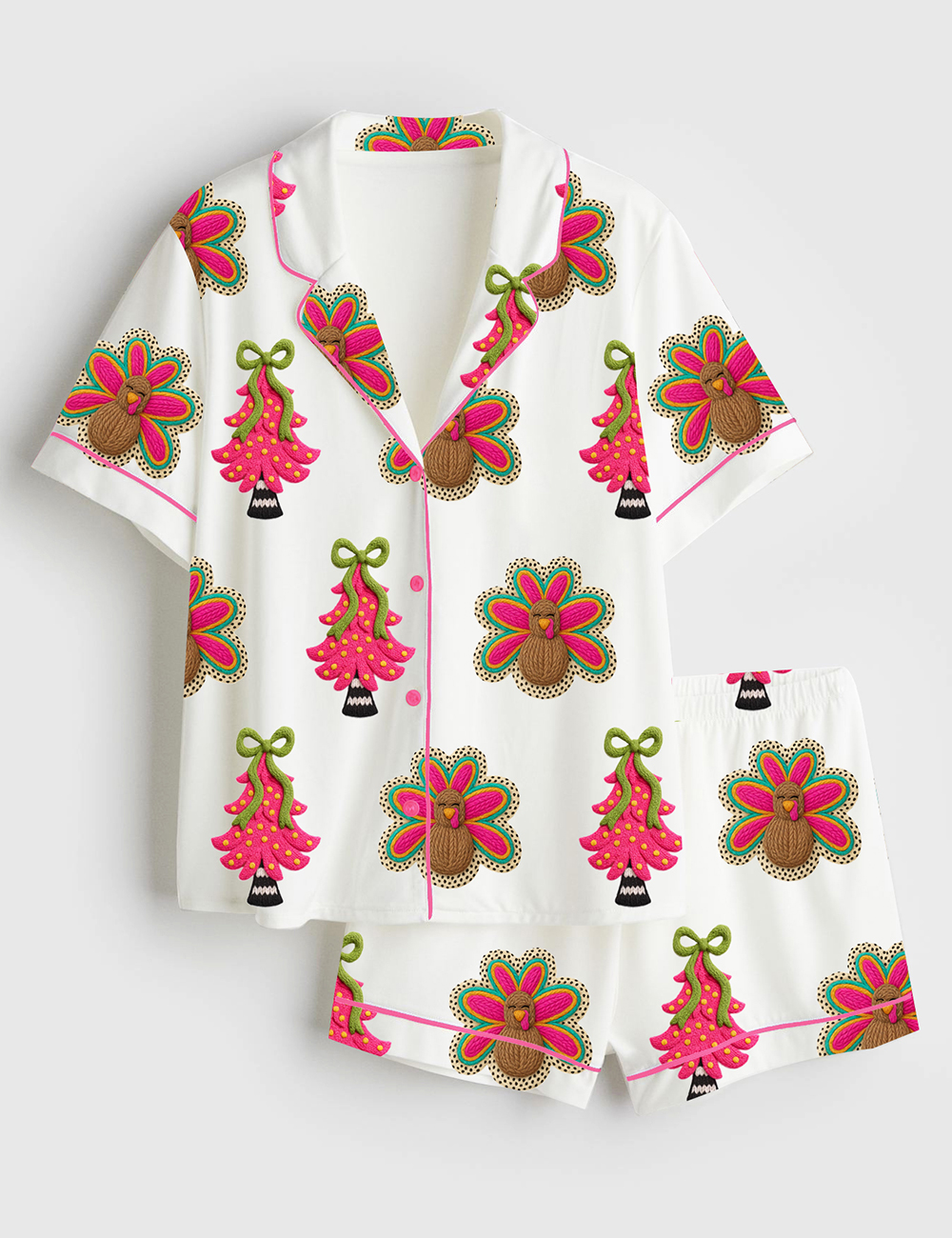 Womenâ€™s Hot Pink Christmas Tree Turkey Thanksgiving Holiday Short Sleeve Satin Pajama Set