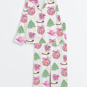 Womenâ€™s Howdy Christmas Pink Western Cowgirl Coquette Christmas Bow Long Sleeve Satin Pajama Set