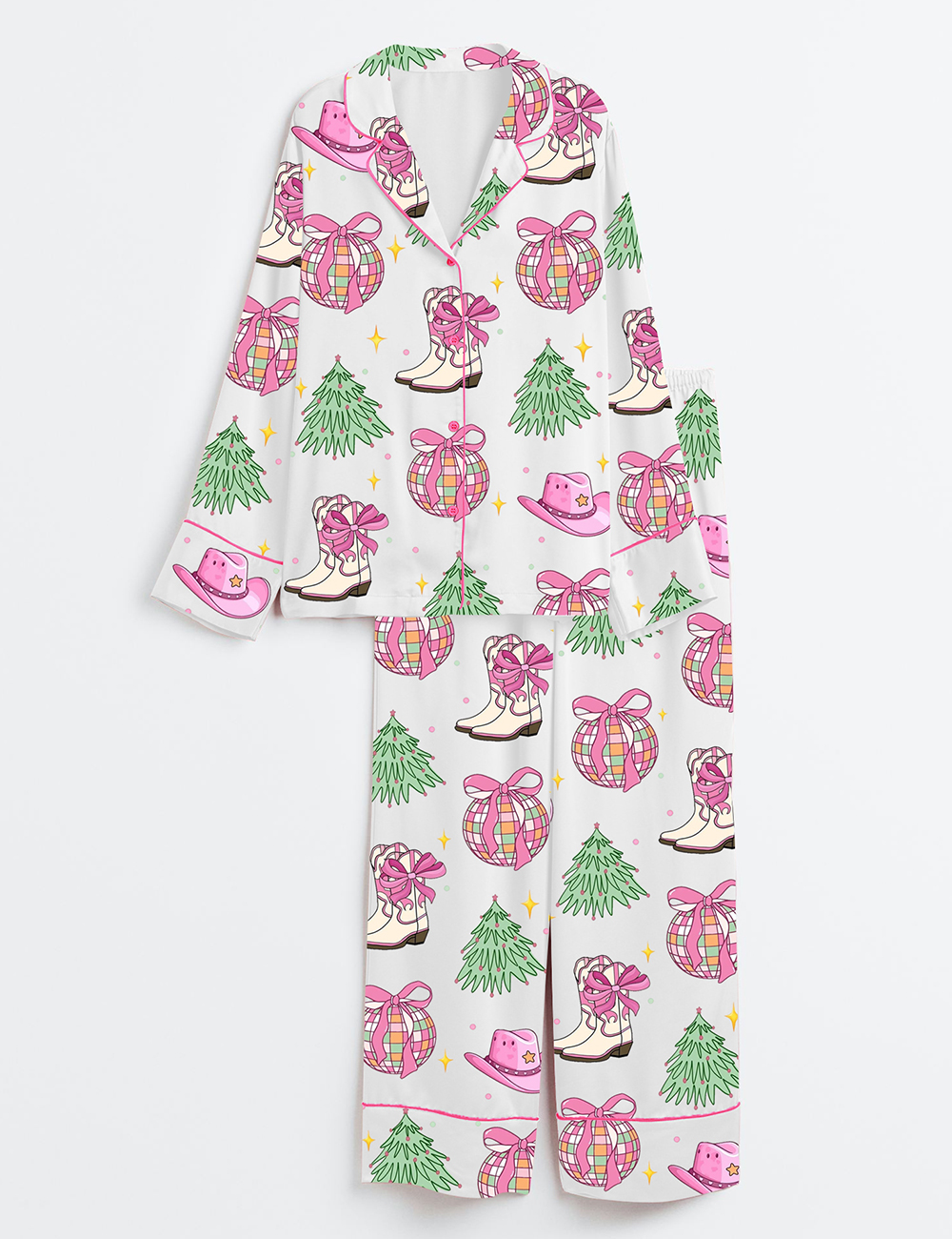 Womenâ€™s Howdy Christmas Pink Western Cowgirl Coquette Christmas Bow Long Sleeve Satin Pajama Set