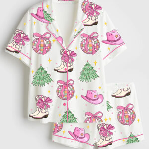 Womenâ€™s Howdy Christmas Pink Western Cowgirl Coquette Christmas Bow Short Sleeve Satin Pajama Set