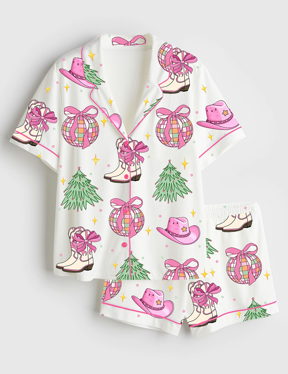 Womenâ€™s Howdy Christmas Pink Western Cowgirl Coquette Christmas Bow Short Sleeve Satin Pajama Set