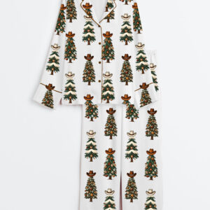 Women's Howdy Christmas Western Cowboy Cowgirl Retro Christmas Tree Long Sleeve Satin Pajamas Set