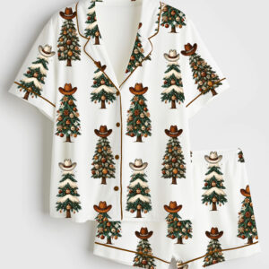 Womenâ€™s Howdy Christmas Western Cowboy Cowgirl Retro Christmas Tree Short Sleeve Satin Pajama Set