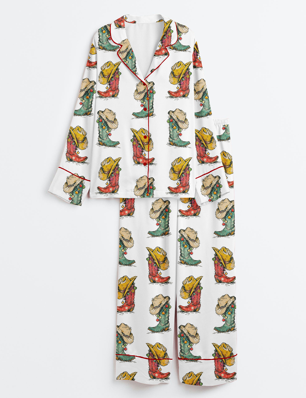 Womenâ€™s Howdy Christmas Western Retro Christmas Cowgirl Boots Long Sleeve Satin Pajama Set