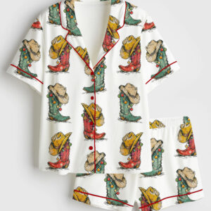 Womenâ€™s Howdy Christmas Western Retro Christmas Cowgirl Boots Short Sleeve Satin Pajama Set