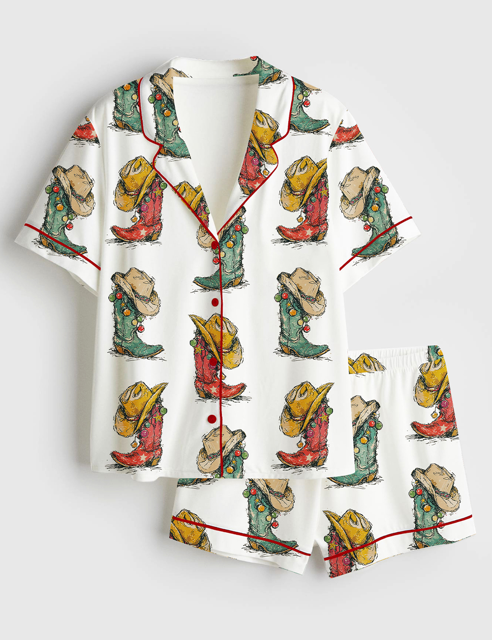 Womenâ€™s Howdy Christmas Western Retro Christmas Cowgirl Boots Short Sleeve Satin Pajama Set