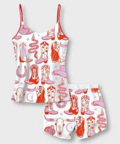 Women's Howdy Cowgirl Western Boots Camisole Satin Pajama Set