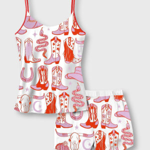 Women's Howdy Cowgirl Western Boots Camisole Satin Pajamas Set 