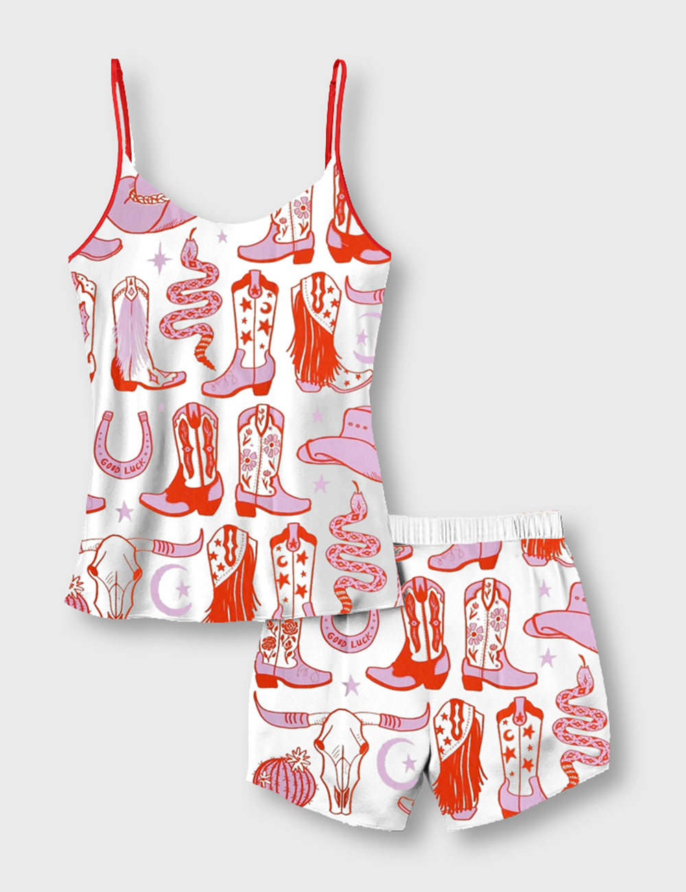 Women's Howdy Cowgirl Western Boots Camisole Satin Pajamas Set