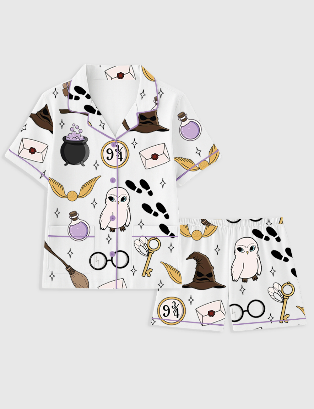 Women's HP Wizards Magic Academy School Short Sleeve Pocket Cotton Pajama Set