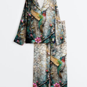 Women's Hummingbird Bird Lovers Long Sleeve Satin Pajama Set