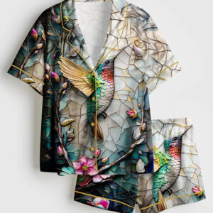 Women's Hummingbird Bird Lovers Short Sleeve Satin Pajama Set