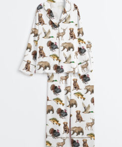 Women's Hunting Dog Mallard Duck Chocolate Labrador Deer Bear Turkey Fish Print Long Sleeve Satin Pajama Set