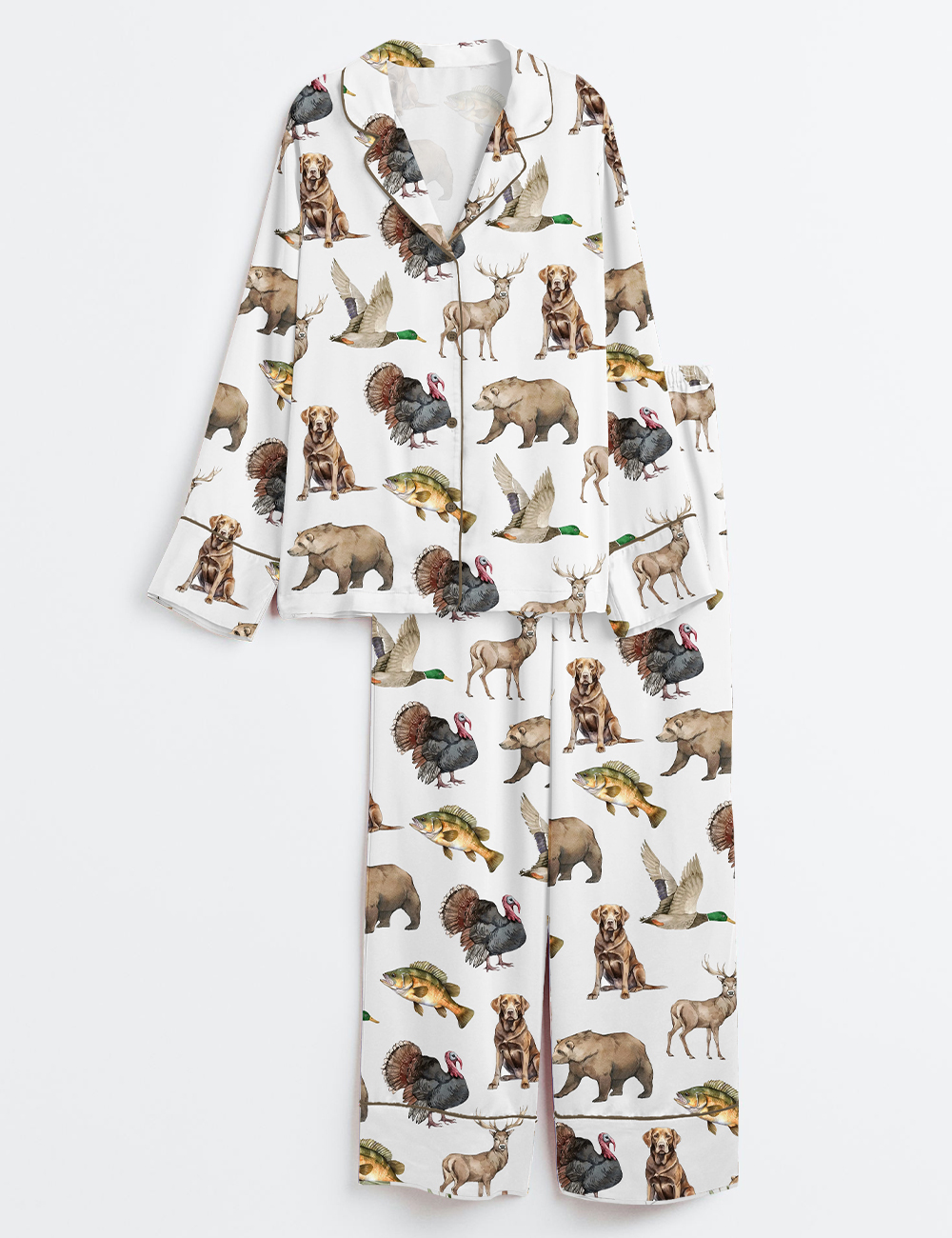 Womenâ€™s Hunting Dog Mallard Duck Chocolate Labrador Deer Bear Turkey Fish Print Long Sleeve Satin Pajama Set