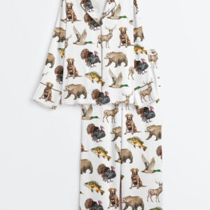 Women's Hunting Dog Mallard Duck Chocolate Labrador Deer Bear Turkey Fish Print Long Sleeve Satin Pajamas Set