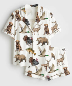 Women's Hunting Dog Mallard Duck Chocolate Labrador Deer Bear Turkey Fish Print Short Sleeve Satin Pajama Set