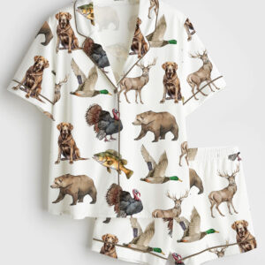 Womenâ€™s Hunting Dog Mallard Duck Chocolate Labrador Deer Bear Turkey Fish Print Short Sleeve Satin Pajama Set