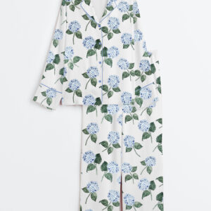 Womenâ€™s Hydrangea Bloom Blue Hydrangea Watercolor Flower Print Long Sleeve Satin Pajama Set