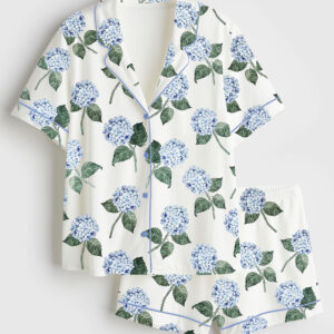 Womenâ€™s Hydrangea Bloom Blue Hydrangea Watercolor Flower Print Short Sleeve Satin Pajama Set