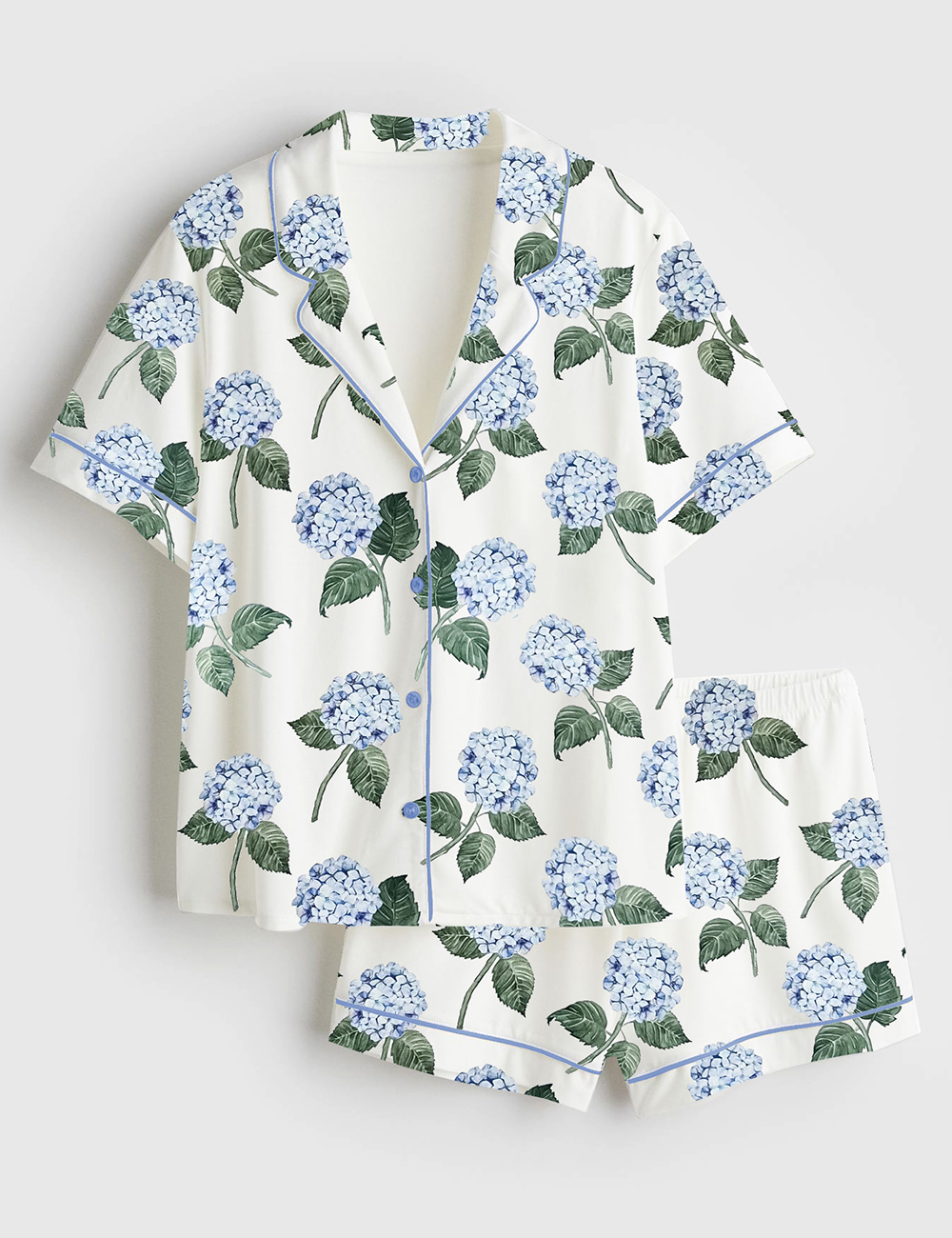 Women’s Hydrangea Bloom Blue Hydrangea Watercolor Flower Print Short Sleeve Satin Pajama Set