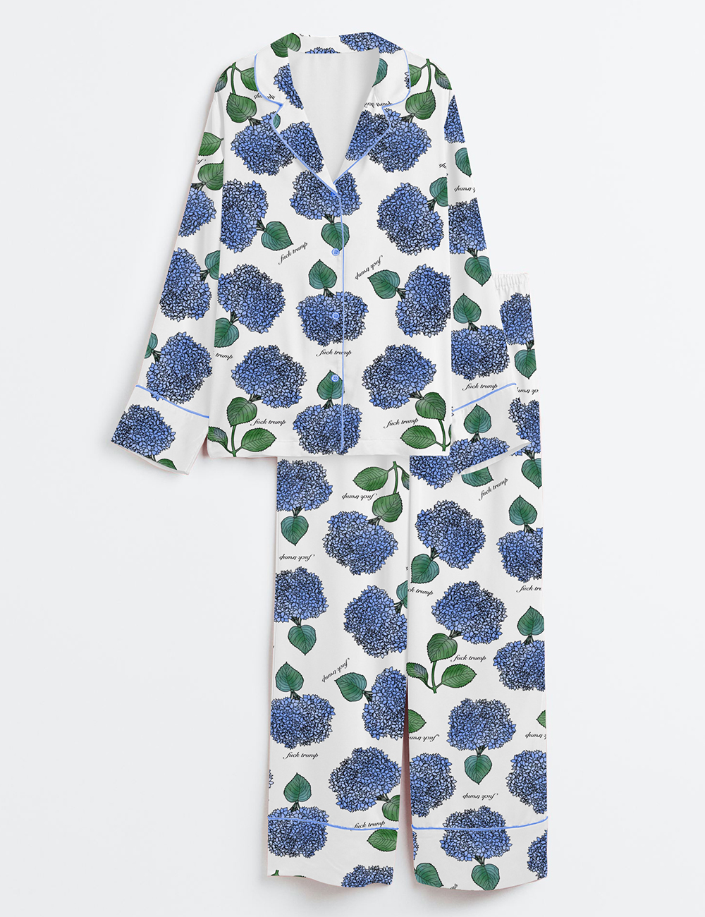 Womenâ€™s Hydrangea Floral Blue Flower Political Gag Gift Long Sleeve Satin Pajama Set