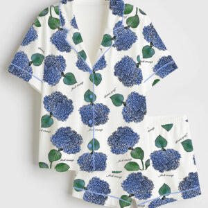 Women's Hydrangea Floral Blue Flower Political Gag Gift Short Sleeve Satin Pajamas Set