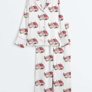 Womenâ€™s In October We Wear Pink Breast Cancer Awareness Pink Pumpkin Long Sleeve Satin Pajama Set