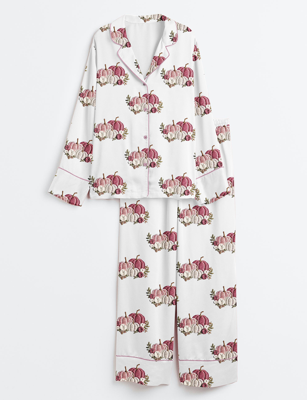 Womenâ€™s In October We Wear Pink Breast Cancer Awareness Pink Pumpkin Long Sleeve Satin Pajama Set