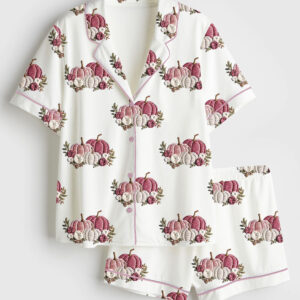 Womenâ€™s In October We Wear Pink Breast Cancer Awareness Pink Pumpkin Short Sleeve Satin Pajama Set