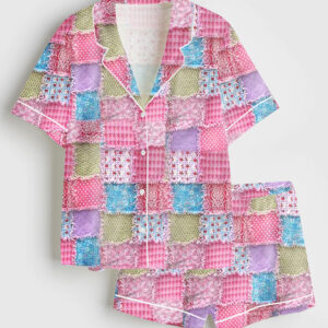 Women's In October We Wear Pink Breast Cancer Awareness Short Sleeve Satin Pajamas Set