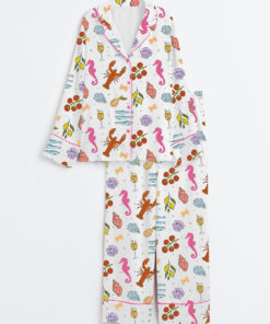 Women's Italian Summer Beach Mediterranean La Dolce Vita European Coastal Print Long Sleeve Satin Pajama Set