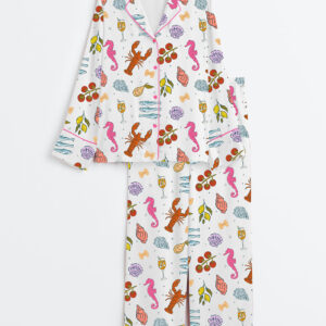 Women's Italian Summer Beach Mediterranean La Dolce Vita European Coastal Print Long Sleeve Satin Pajamas Set