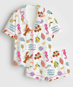 Women's Italian Summer Beach Mediterranean La Dolce Vita European Coastal Print Short Sleeve Satin Pajama Set