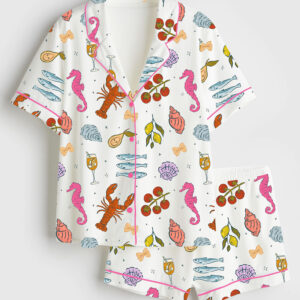 Womenâ€™s Italian Summer Beach Mediterranean La Dolce Vita European Coastal Print Short Sleeve Satin Pajama Set