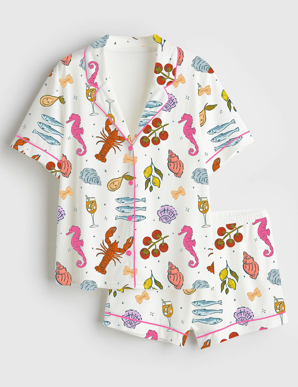 Womenâ€™s Italian Summer Beach Mediterranean La Dolce Vita European Coastal Print Short Sleeve Satin Pajama Set