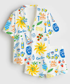 Women's Italian Summer Vacation Seaside Journeys Short Sleeve Satin Pajama Set
