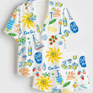 Womenâ€™s Italian Summer Vacation Seaside Journeys Short Sleeve Satin Pajama Set