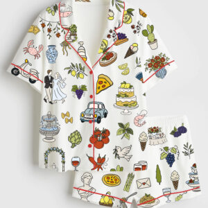 Womenâ€™s Italian Wedding Whimsical Tuscany La Dolce Vita Wedding Colorful Italy Wedding Short Sleeve Satin Pajama Set